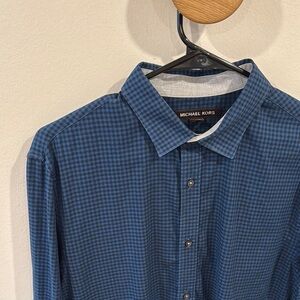 Michael Kors Men’s Blue Black Checkered Slim Fit Button Down Dress Shirt Size L